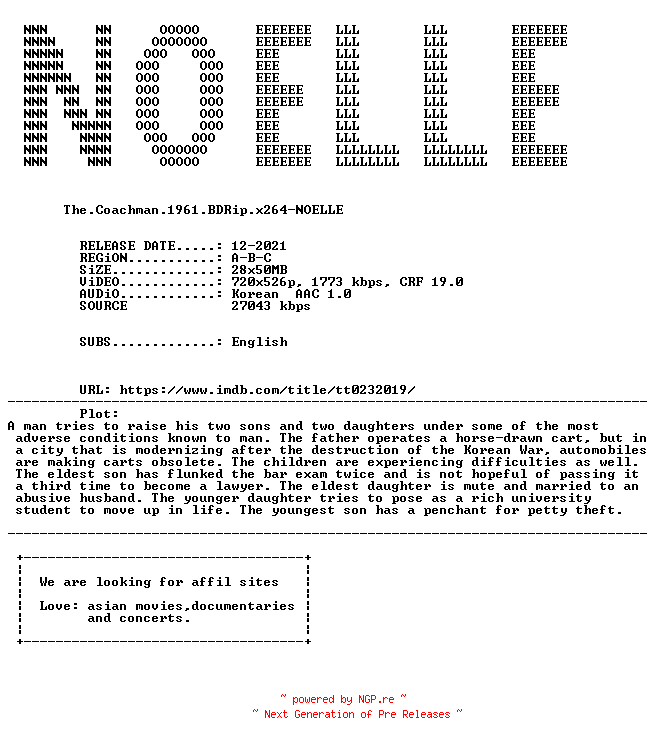 NFO for the release The.Coachman.1961.BDRip.x264-NOELLE by NOELLE