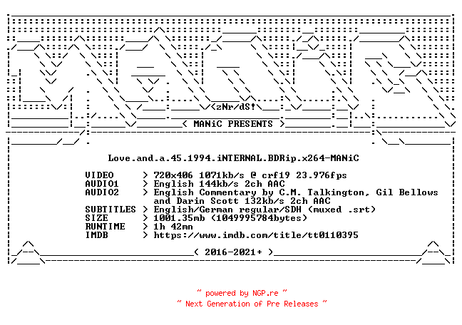 NFO for the release Love.and.a.45.1994.iNTERNAL.BDRip.x264-MANiC by MANiC