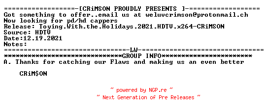 NFO for the release Toying.With.the.Holidays.2021.HDTV.x264-CRiMSON by CRiMSON