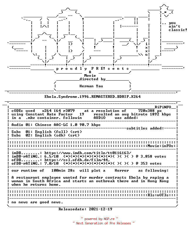 NFO for the release Ebola.Syndrome.1996.REMASTERED.BDRIP.X264-WATCHABLE by WATCHABLE