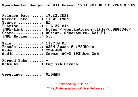 NFO for the release Spacehunter.Jaeger.im.All.German.1983.AC3.BDRiP.x264-SPiCY by SPiCY