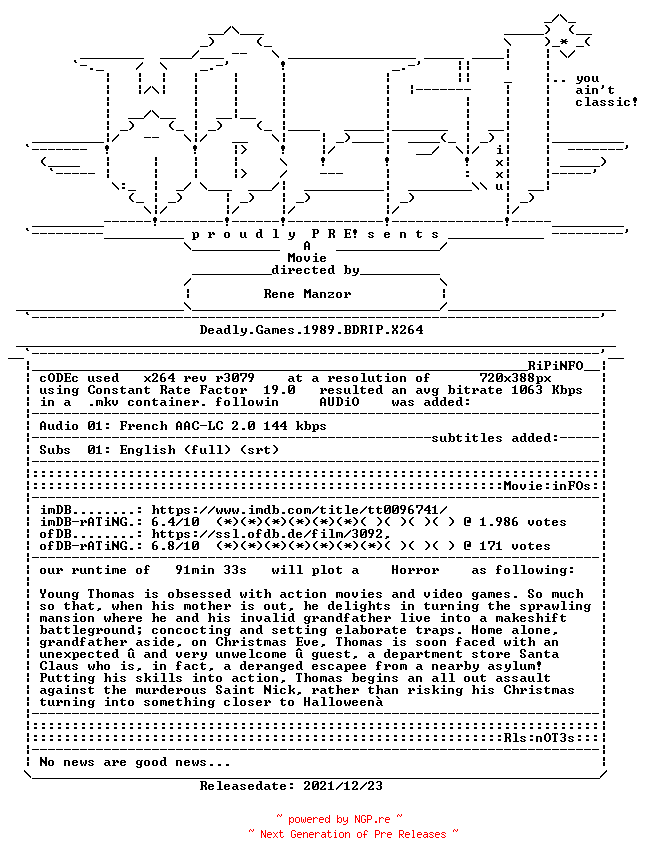 NFO for the release Deadly.Games.1989.BDRIP.X264-WATCHABLE by WATCHABLE