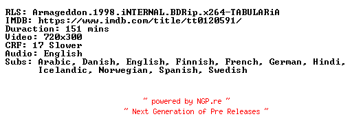 NFO for the release Armageddon.1998.iNTERNAL.BDRip.x264-TABULARiA by TABULARiA