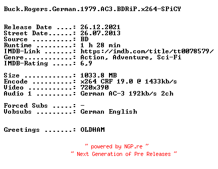 NFO for the release Buck.Rogers.German.1979.OPEN.MATTE.AC3.BDRiP.x264-SPiCY by SPiCY