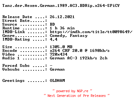 NFO for the release Tanz.der.Hexen.German.1989.AC3.BDRip.x264-SPiCY by SPiCY