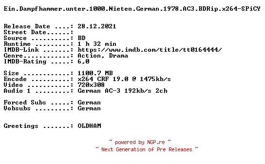 NFO for the release Ein.Dampfhammer.unter.1000.Nieten.German.1978.REMASTERED.AC3.BDRip.x264-SPiCY by SPiCY