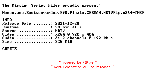 NFO for the release Neues.aus.Buettenwarder.E98.Finale.GERMAN.HDTVRip.x264-TMSF by TMSF