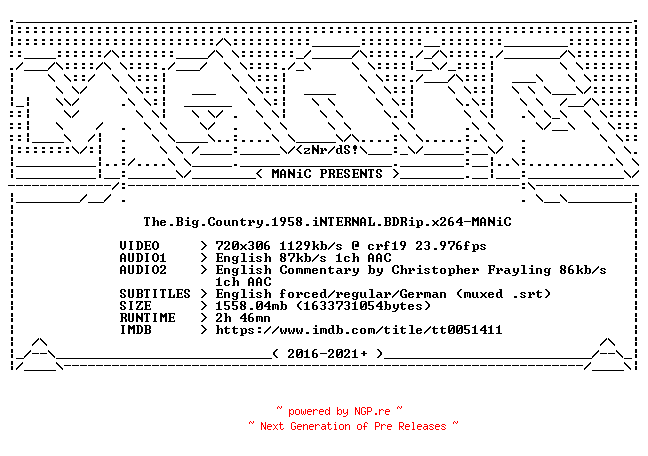 NFO for the release The.Big.Country.1958.iNTERNAL.BDRip.x264-MANiC by MANiC