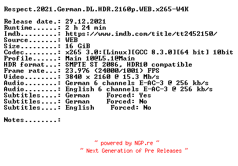 NFO for the release Respect.2021.German.DL.HDR.2160p.WEB.x265-W4K by W4K