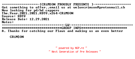 NFO for the release The.Year.2021.2021.HDTV.x264-CRiMSON by CRiMSON