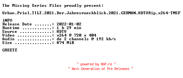 NFO for the release Urban.Priol.TILT.2021.Der.Jahresrueckblick.2021.GERMAN.HDTVRip.x264-TMSF by TMSF
