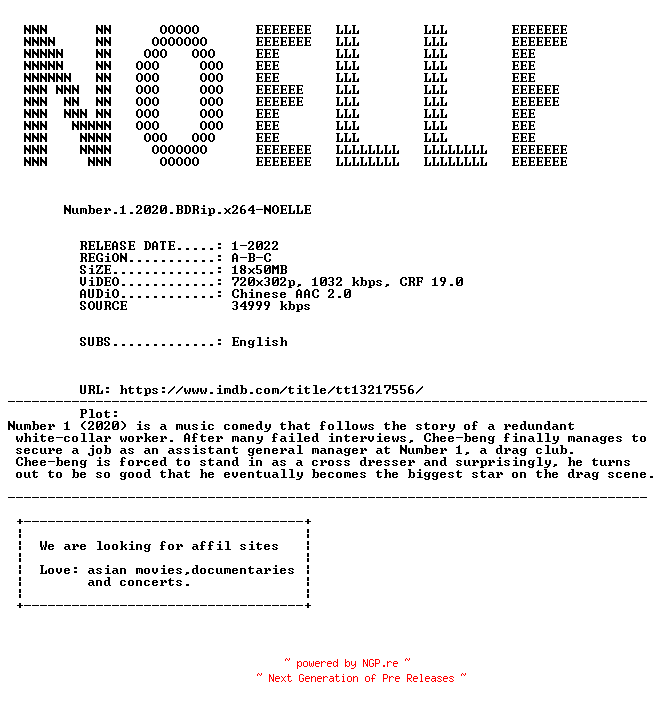 NFO for the release Number.1.2020.BDRip.x264-NOELLE by NOELLE