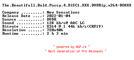 NFO for the release The.Beautifull.Bald.Pussy.4.DiSC1.XXX.DVDRip.x264-ROXXX by ROXXX