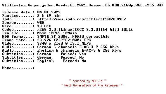 NFO for the release Stillwater.Gegen.jeden.Verdacht.2021.German.DL.HDR.2160p.WEB.x265-W4K by W4K