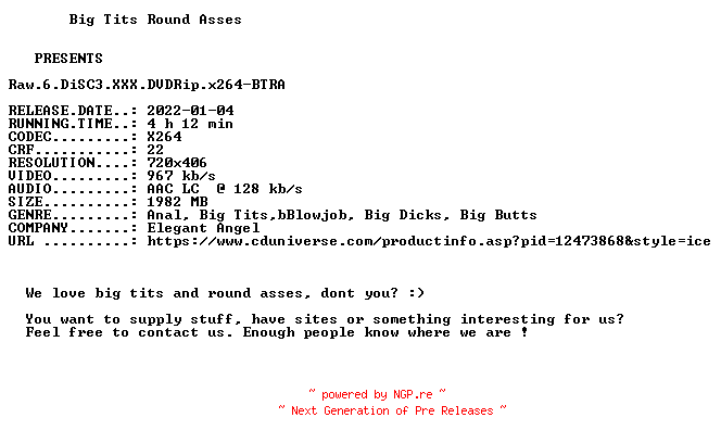 NFO for the release Raw.6.DiSC3.XXX.DVDRip.x264-BTRA by BTRA