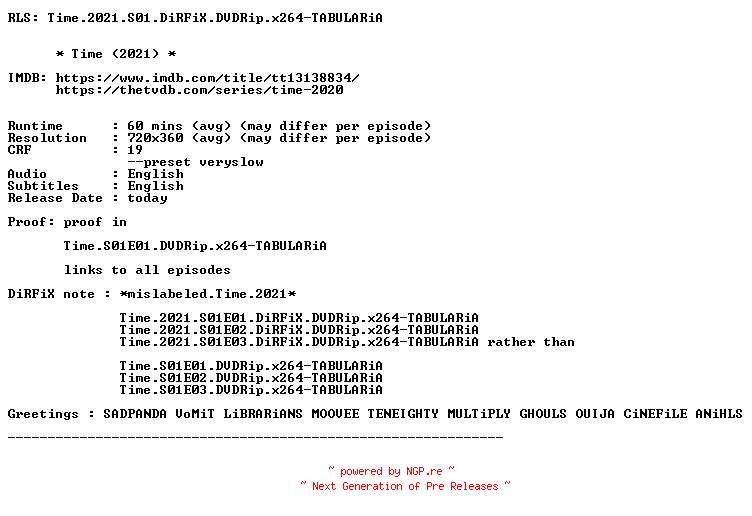 NFO for the release Time.2021.S01.DiRFiX.DVDRip.x264-TABULARiA by TABULARiA