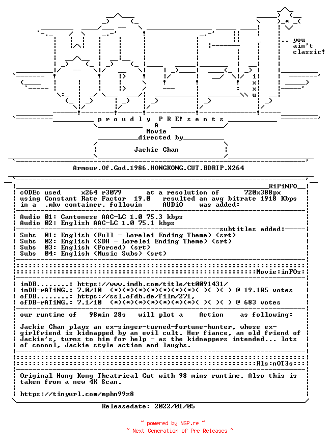 NFO for the release Armour.Of.God.1986.HONGKONG.CUT.BDRIP.X264-WATCHABLE by WATCHABLE