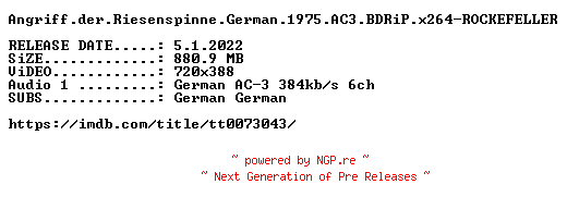 NFO for the release Angriff.der.Riesenspinne.German.1975.AC3.BDRiP.x264-ROCKEFELLER by ROCKEFELLER
