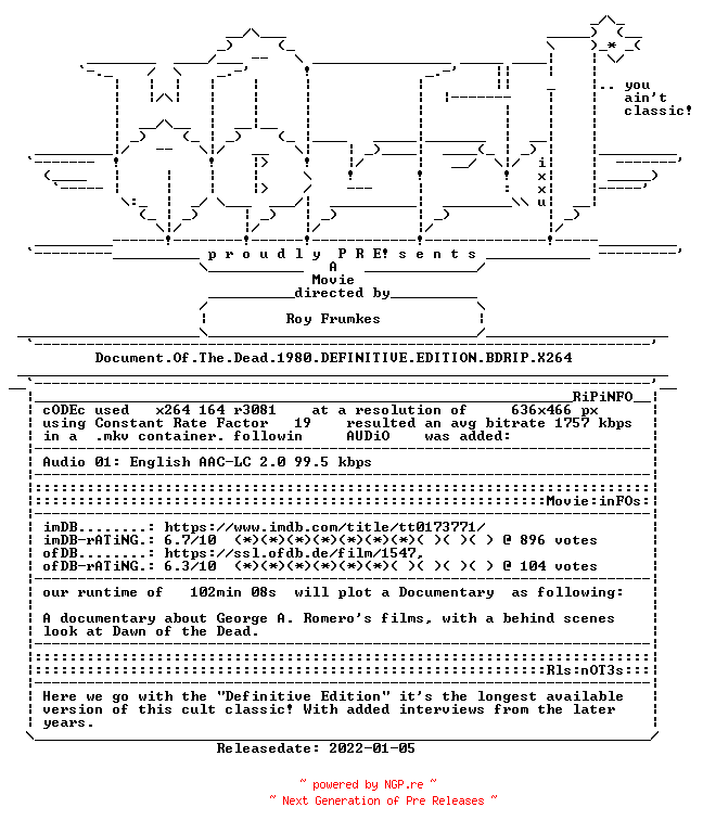 NFO for the release Document.Of.The.Dead.1980.DEFINITIVE.EDITION.BDRIP.X264-WATCHABLE by WATCHABLE