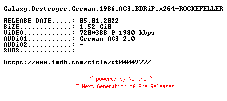 NFO for the release Galaxy.Destroyer.German.1986.AC3.BDRiP.x264-ROCKEFELLER by ROCKEFELLER