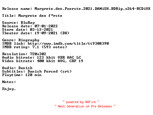 NFO for the release Margrete.den.Foerste.2021.DANiSH.BDRip.x264-RCDiVX by RCDiVX