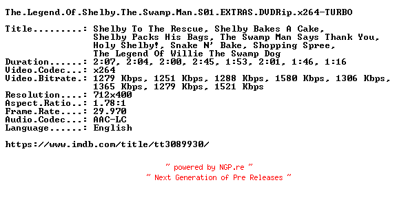 NFO for the release The.Legend.Of.Shelby.The.Swamp.Man.S01.EXTRAS.DVDRip.x264-TURBO by TURBO