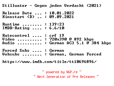 NFO for the release Stillwater.Gegen.jeden.Verdacht.German.2021.AC3.BDRip.x264-COiNCiDENCE by COiNCiDENCE