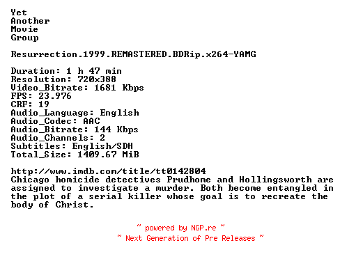 NFO for the release Resurrection.1999.REMASTERED.BDRip.x264-YAMG by YAMG