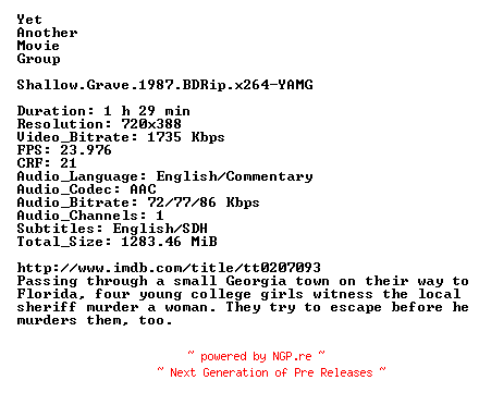 NFO for the release Shallow.Grave.1987.BDRip.x264-YAMG by YAMG