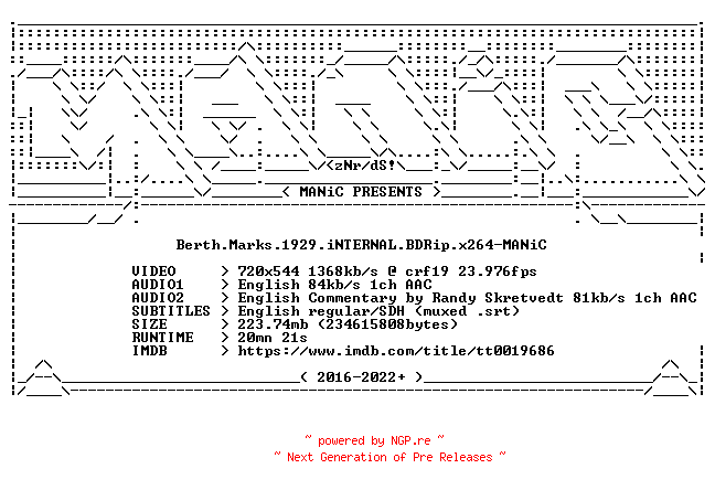 NFO for the release Berth.Marks.1929.iNTERNAL.BDRip.x264-MANiC by MANiC