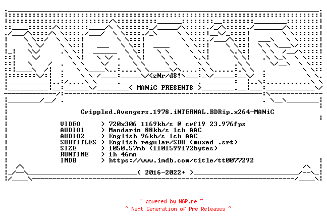 NFO for the release Crippled.Avengers.1978.iNTERNAL.BDRip.x264-MANiC by MANiC