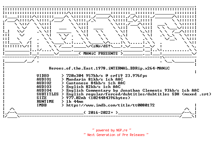 NFO for the release Heroes.of.the.East.1978.iNTERNAL.BDRip.x264-MANiC by MANiC