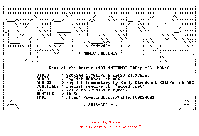 NFO for the release Sons.of.the.Desert.1933.iNTERNAL.BDRip.x264-MANiC by MANiC