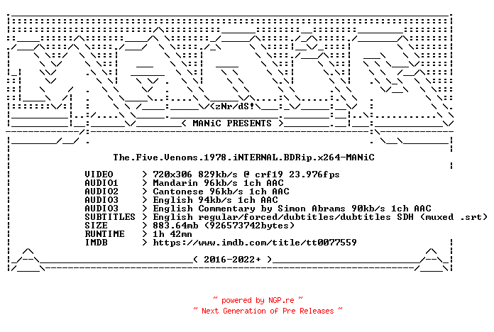 NFO for the release The.Five.Venoms.1978.iNTERNAL.BDRip.x264-MANiC by MANiC