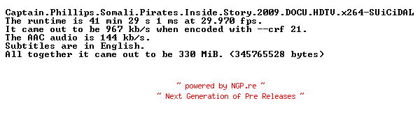 NFO for the release Captain.Phillips.Somali.Pirates.Inside.Story.2009.DOCU.HDTV.x264-SUiCiDAL by SUiCiDAL