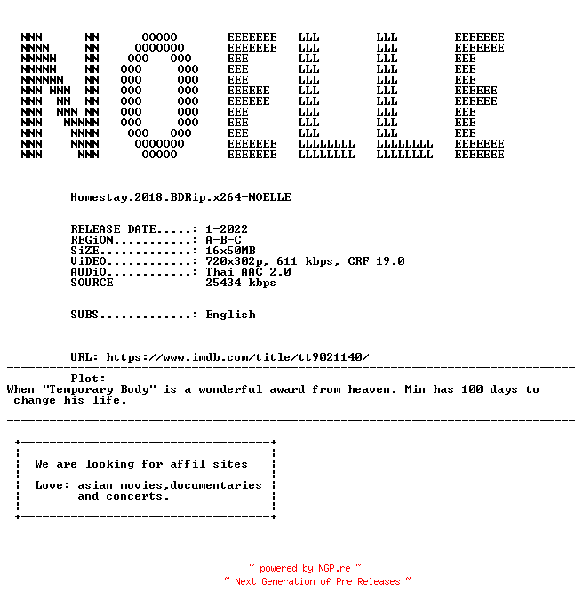 NFO for the release Homestay.2018.BDRip.x264-NOELLE by NOELLE