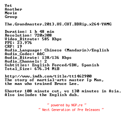 NFO for the release The.Grandmaster.2013.US.CUT.BDRip.x264-YAMG by YAMG