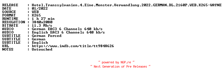 NFO for the release Hotel.Transsylvanien.4.Eine.Monster.Verwandlung.2022.GERMAN.DL.2160P.WEB.X265-WAYNE by WAYNE