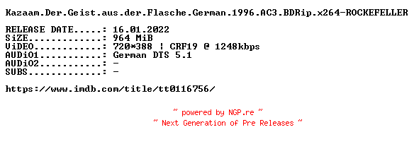 NFO for the release Kazaam.Der.Geist.aus.der.Flasche.German.1996.AC3.BDRip.x264-ROCKEFELLER by ROCKEFELLER