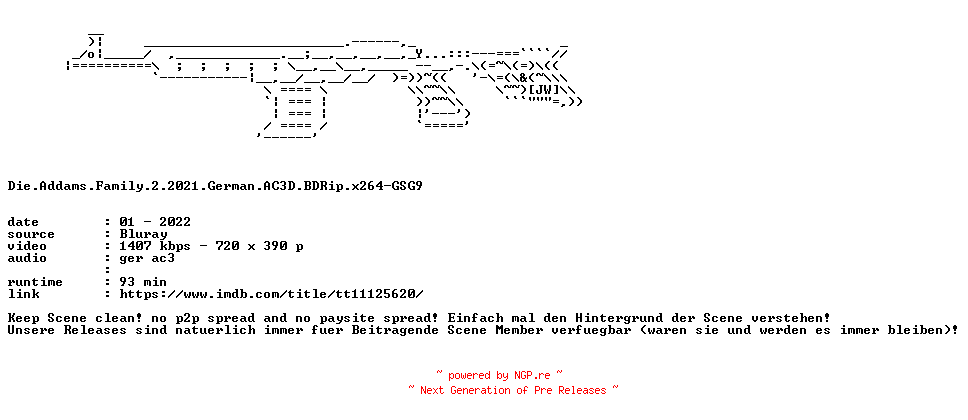 NFO for the release Die.Addams.Family.2.2021.German.AC3D.BDRip.x264-GSG9 by GSG9