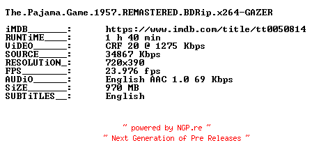 NFO for the release The.Pajama.Game.1957.REMASTERED.BDRip.x264-GAZER by GAZER