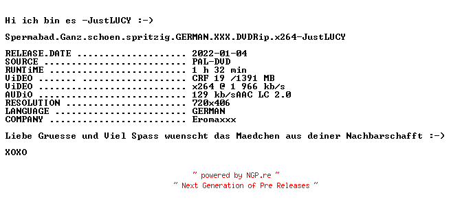 NFO for the release Spermabad.Ganz.schoen.spritzig.GERMAN.XXX.DVDRip.x264-JustLUCY by JustLUCY