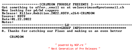 NFO for the release Killer.Ambition.2022.HDTV.x264-CRiMSON by CRiMSON