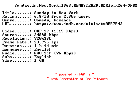 NFO for the release Sunday.in.New.York.1963.REMASTERED.BDRip.x264-ORBS by ORBS