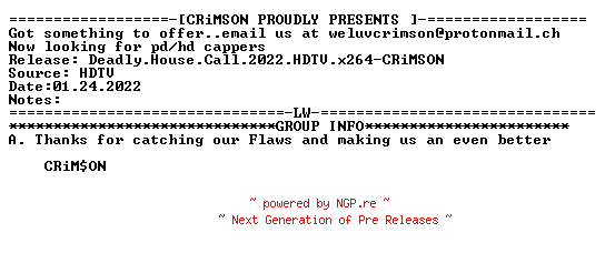NFO for the release Deadly.House.Call.2022.HDTV.x264-CRiMSON by CRiMSON
