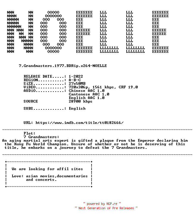 NFO for the release 7.Grandmasters.1977.iNTERNAL.BDRip.x264-NOELLE by NOELLE