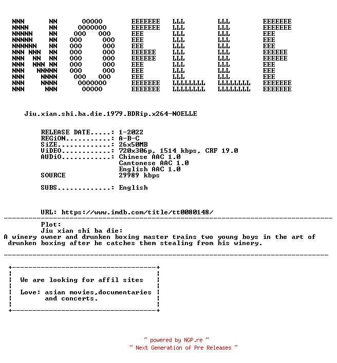 NFO for the release Jiu.Xian.Shi.Ba.Die.1979.iNTERNAL.BDRip.x264-NOELLE by NOELLE