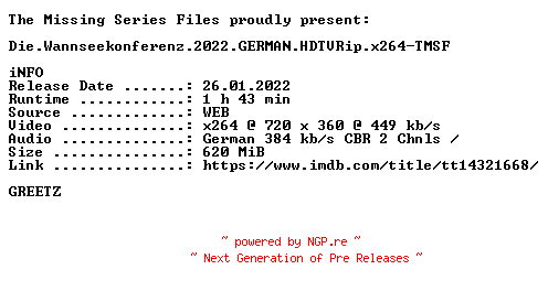 NFO for the release Die.Wannseekonferenz.2022.GERMAN.HDTVRip.x264-TMSF by TMSF