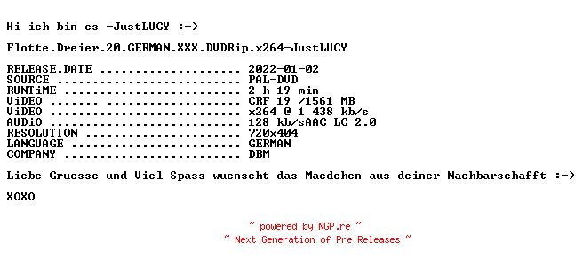 NFO for the release Flotte.Dreier.20.GERMAN.XXX.DVDRip.x264-JustLUCY by JustLUCY