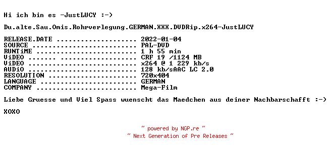 NFO for the release Du.alte.Sau.Omis.Rohrverlegung.GERMAN.XXX.DVDRip.x264-JustLUCY by JustLUCY